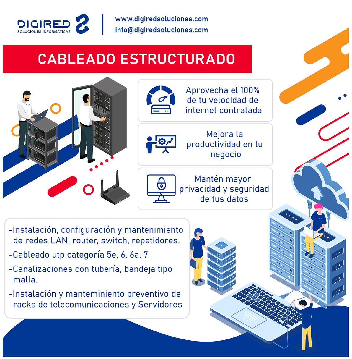 Instalación de Cableado estructurado, cambio de cable UTP, instalación de router, repetidor,, switch